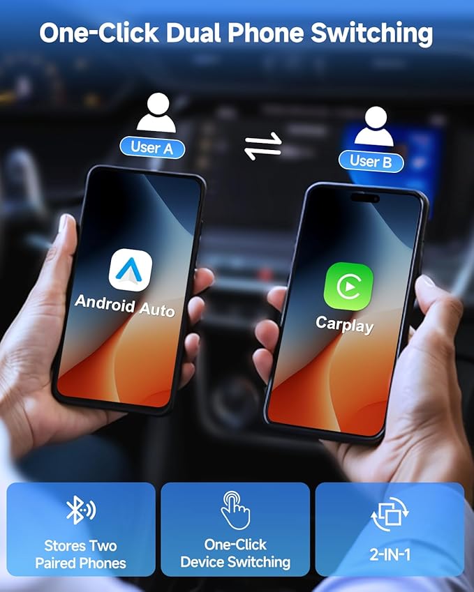FAHREN 2-in-1 Wireless CarPlay & Android Auto Adapter, One-Click User Switching Car Play Wireless Adapter, Converts Wired to Mini Bluetooth Carplay adapter, Compatible iOS & Android with USB A & USB C