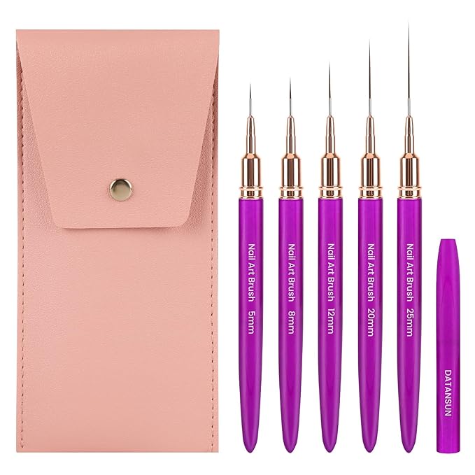 5PCS Nail Art Brushes Set with Pink Leather Case，【Metallic Material】 【Various Size】 【Light Weight】Nail Brush， Nail Brushes for Nail Art，Size：5mm,8mm,12mm,20mm,25mm, Purple