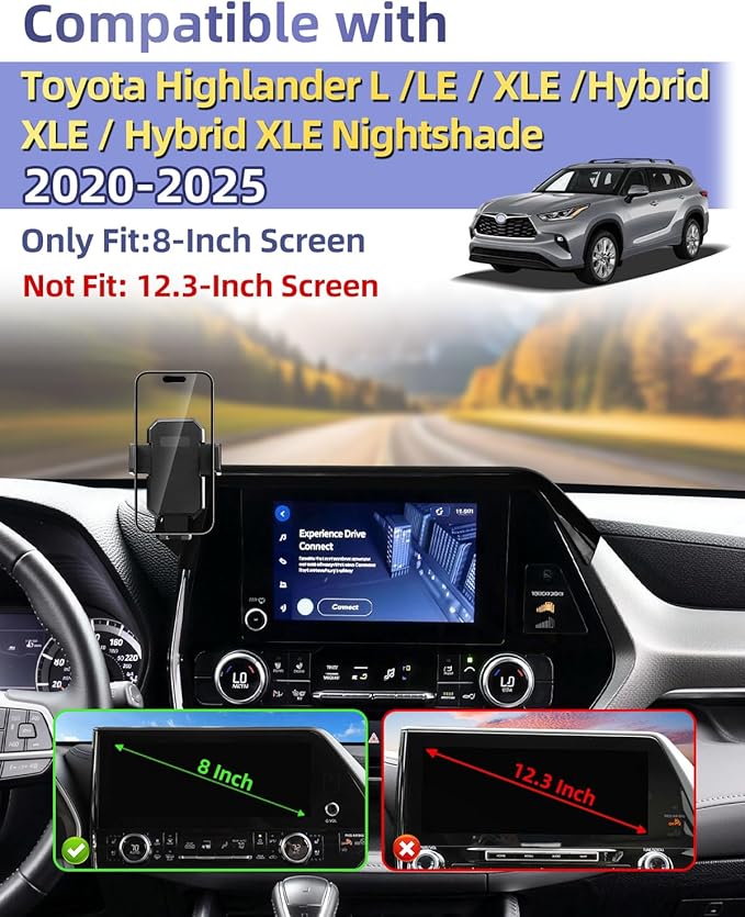 PZK Car Phone Mount for 2020 2021-2025 2026 Toyota Highlander L/LE/Hybrid XLE/Nightshade Accessories 8-inch Screen Auto Lock Car Phone Holder 360° Rotation Cradles Not Affect Vent (Not fit 12.3 inch)