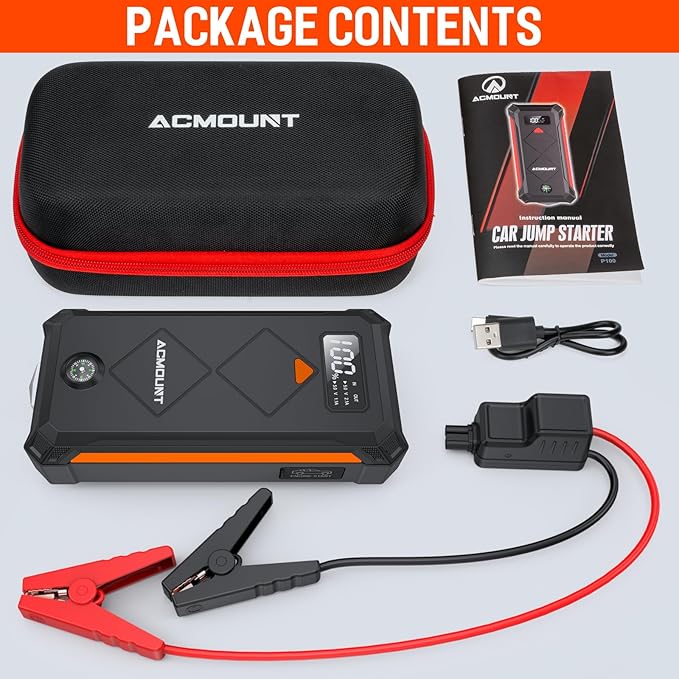 Acmount P110 Car Jump Starter, 6000A Peak Lithium Jump Starter Battery Pack for Up to 10.0L Gas or 8.0L Diesel Engine, Safe 12V Portable Battery Starter Power Pack with LED Screen & LED Light - Orange