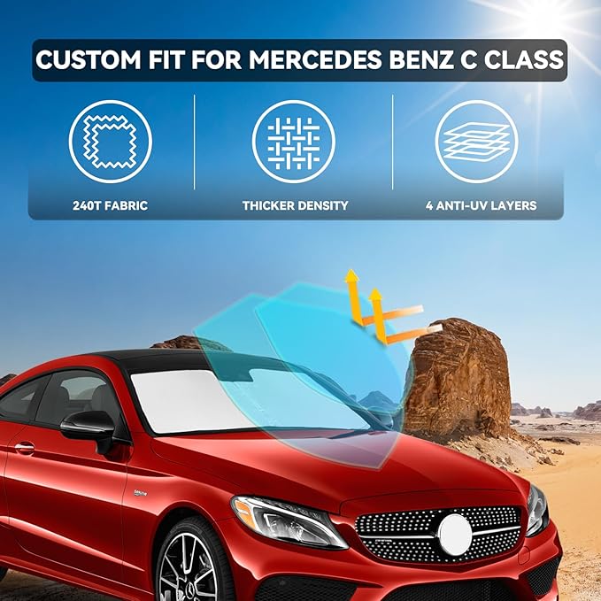 for Mercedes Benz C Class W205 C250 C300 C400 2015-2023 Windshield Sun Shade 4 Layers Car Sunshades for Front Windows Shade Cover Custom Fit C Class Sun Visor 250T Shade Blocks UV Rays Car Accessories