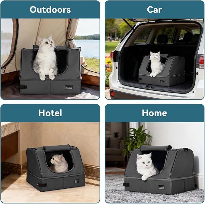 PETSFIT Portable Travel Cat Litter Box with Lid – Collapsible, Leak-Proof & Washable 2-Layer Liner, Sturdy Support Frame, for Hotel/Car/Camping, Cat Travel Essentials for Kitty/Medium Cats Grey