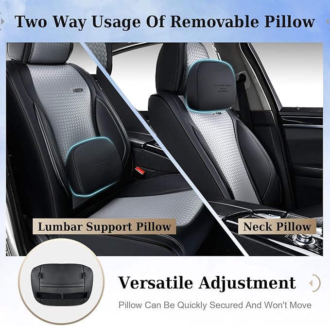 Coverado Car Seat Covers Full Set, Black Gray Seat Covers for Cars, Waterproof Nappa Leather Automotive Seat Covers with Lumbar Head Pillow, Car Seat Protectors, Universal Fit for Most Cars SUV