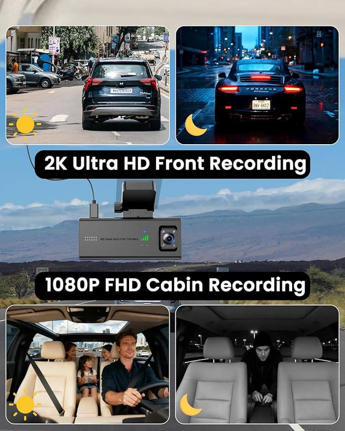 4G LTE Dash Cam with SIM Card, Live Streaming Car Security Camera Front & Cabin, 170° Wide Angle, Remote Viewing, 24/7 Parking Mode, AI Motion Alerts, 2-Way Talk, Anti-Theft & Vandalism Protection