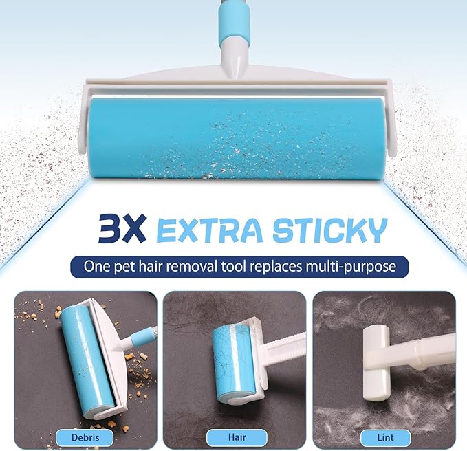 5-in-1 Pet Hair Remover Kit, Washable & Reusable Gel Lint Roller with 40.5" Extendable Handle, Cat Dog Hair Removal Tool, Carpet Rake & Grooming Gloves for Pets, Couch, Furniture, Clothes