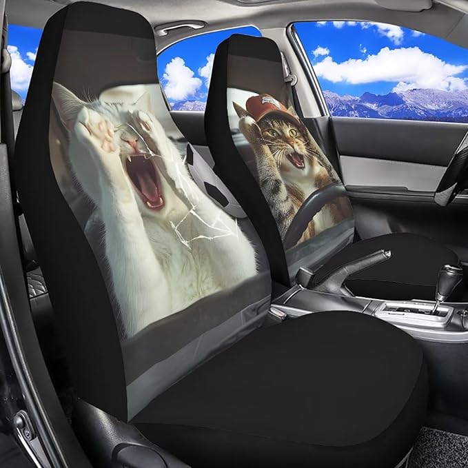 Funny Cat Driver Car Seat Covers for Front Seats Football Broke Car Window Premium Polyester Seat Covers for Cars Trucks and SUVs