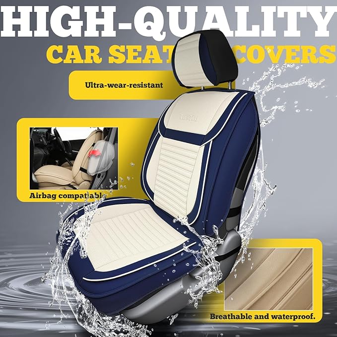 LINGVIDO Full Set Car Seat Covers, Faux Nappa Leather, Airbag Compatible and Waterproof Protectors for Sedans SUVs, Breathable Interior for Active Families, Pets, and Commuters (5 Seats, White/Blue)