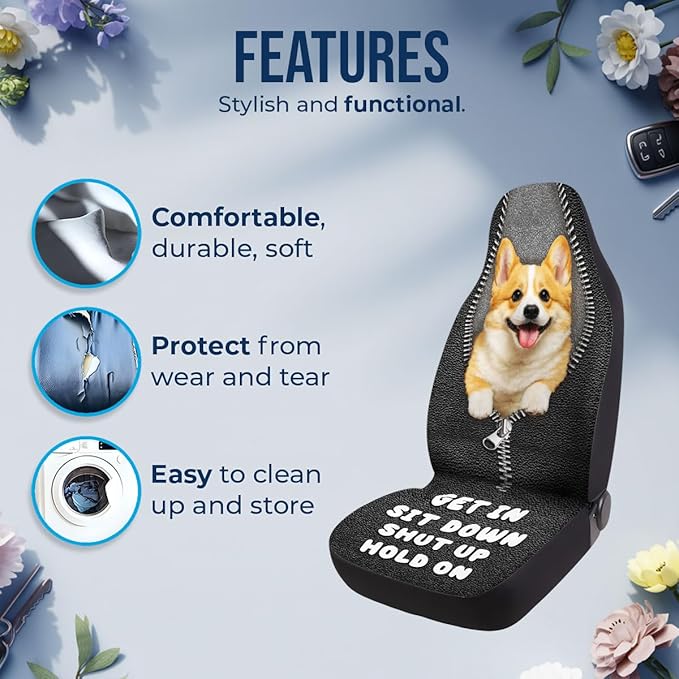 GENANY Cute Corgi Car Seat Covers Set of 2, Breathable Front Seat Covers for Truck Sedan SUV, Dog Themed Car Accessories, Corgi Gift for Women Men