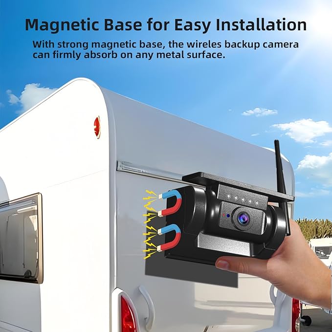 WiFi Magnetic Solar Wireless Backup Camera, 10000mAh Rechargeable 1080P Rear View Camera for Truck RV Trailer Camper Car, Night Vision IP67 Waterproof, App for Phone iOS Android