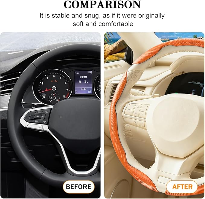 3PCS Carbon Fiber Car Steering Wheel Cover, Leather Segmented Anti-Skid Steering Wheel Protector, Snap on Automotive Interior Protection Accessories, Universal for Vehicles (Orange)