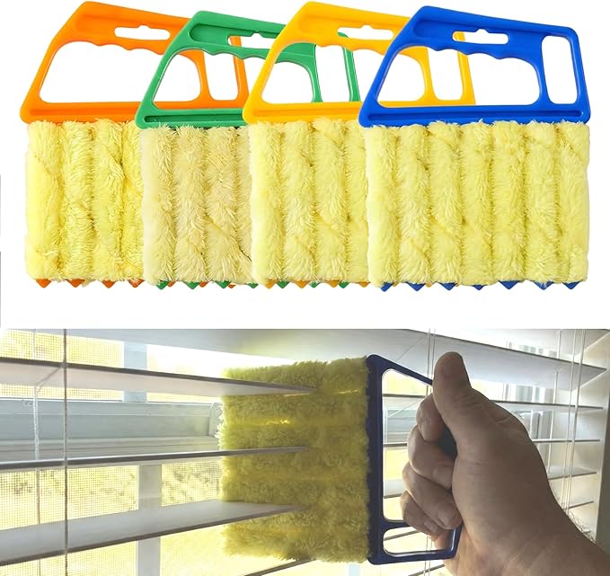 4 Pack Window Blind Cleaner Duster Tool, 7 Finger Venetian Scrub Brush with Washable Microfiber Sleeves, Color Coded Cleaning Kit for Mini Vertical Blinds, Air Conditioner Vents and Fans