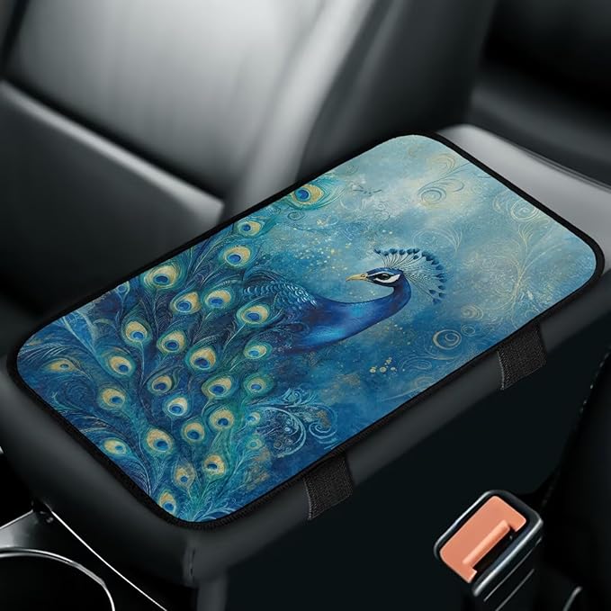 Blue Peacock Armrest Cover Full Coverage Car Arm Rest Cushion Washable Middle Console Lid Cover Pad Protector Elbow Universal Fits Most Cars, SUVs, Trucks and Vans