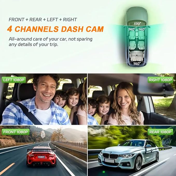 360° Dash Cam Front and Rear View 4 Channel Dash Cam FHD 1080Px4, Inside/Back 170°+2x150°+170° Wide Angle, Free 64GB Card, Built-in WiFi GPS, Night Vision,APP,G-Sensor with 24/7 Parking Mode
