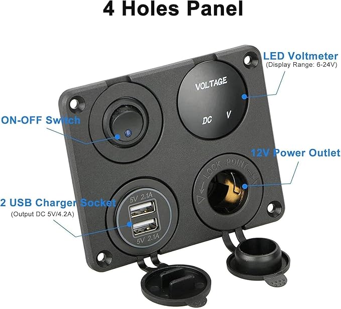 Linkstyle 4 in 1 Car Charger Panel, 4.2A Dual USB A Charger Port, Cigarette Lighter Socket with LED Voltmeter & Rocker Switch for 12V/24V Marine Boat RV Truck