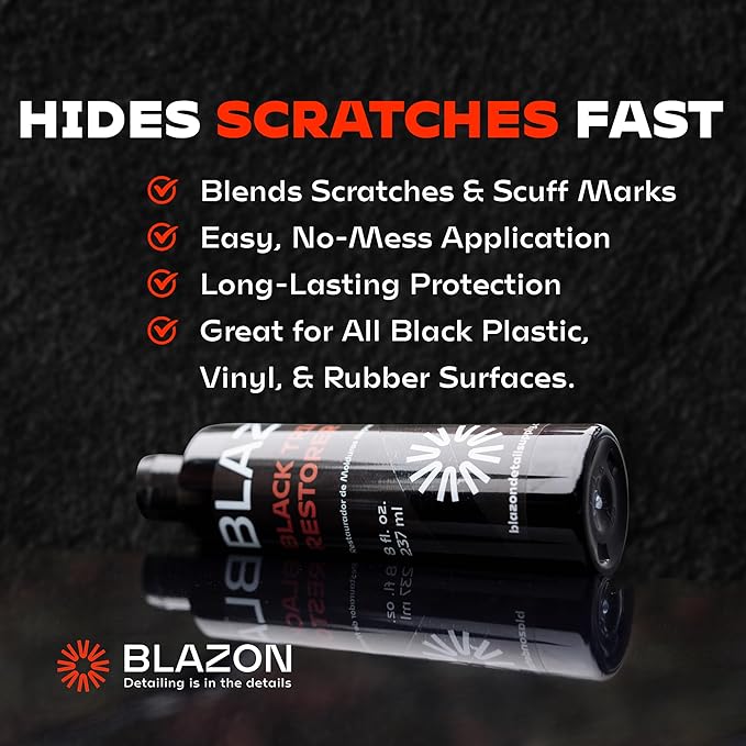BLAZON Black Trim Restorer – Dye-Infused Plastic Restorer for Faded Exterior Trim, Deep Black Finish, Scratch Correction, Long-Lasting Durability & UV Protection - 4 oz