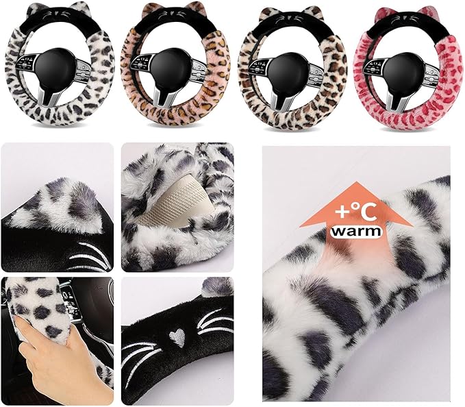 Dotesy 3D Ear Furry Cheetah Car Steering Wheel Cover Set Fluffy Faux Wool Steering Wheel Protector Leopard Anti-Slip Soft Warm Car Accessories for Women (Pink Brown)