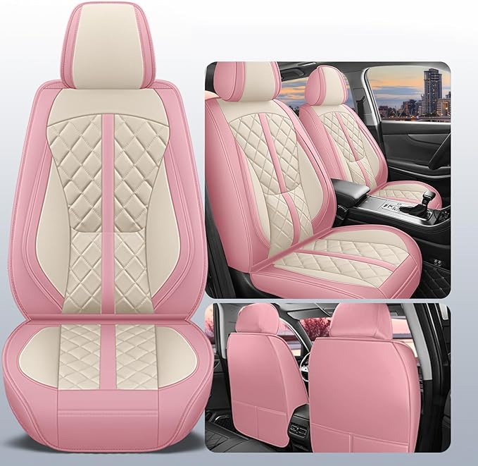otoez Pink Car Seat Covers Full Set, Universal Leather Seat Cover 5 Seat Waterproof & Breathable Automotive Seat Protector Full Coverage for Cars Sedens, Trucks, SUVs, Vans (Pink & White)
