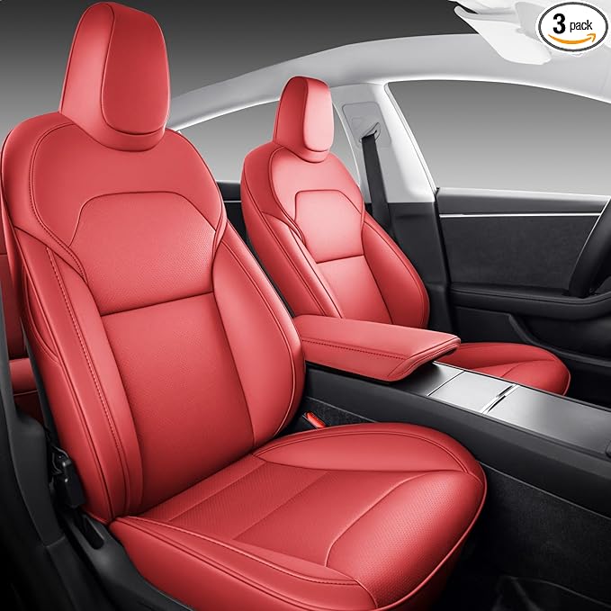 Front Seat Covers for 2025–2026 Tesla Model Y Juniper, Nappa Leather Custom Fit Front Row 2-Piece Set, Airbag Compatible Cushion Covers, Wine Red, 2-Pack