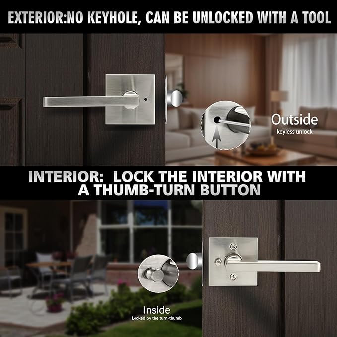 2 Pack Brushed Nickel Privacy Door Handles for Bed/Bathroom Interior Door Knob, Reversible Door Locks for Left or Right Sided Doors