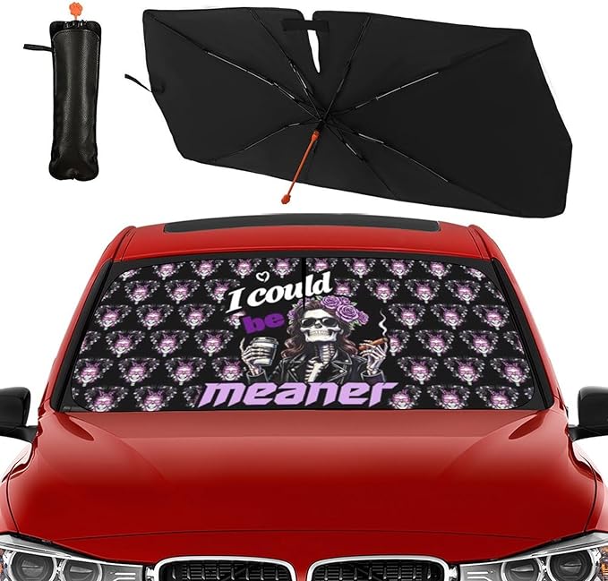 Socira I Could Be Meaner Funny Skull Car Windshield Sunshade Umbrella Foldable Umbrella Sun Shade Windshield Cover Sunshade Car Accessories Blocks Uv Rays Keeps Cool (57" X 30")