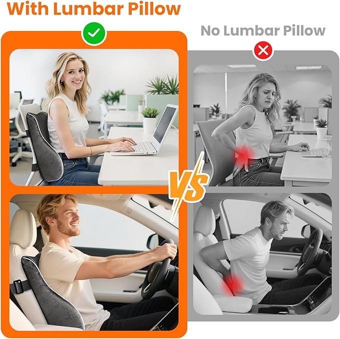 CloudBliss Ergonomic Lumbar Support Pillow – Memory Foam for Lower Back Pain Relief, Adjustable Straps & Mesh Cover for Office, Gaming, Car & Home Essentials (Grey)
