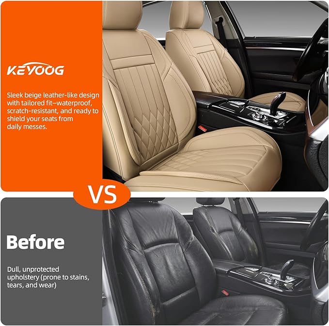 KEYOOG 2-Seater Waterproof and Breathable Nappa Leather Car Seat Covers Full Set, Fit for Front Seats of Cars, Compatible with Airbags, Car Seat Protector Covers for Most Cars - Beige