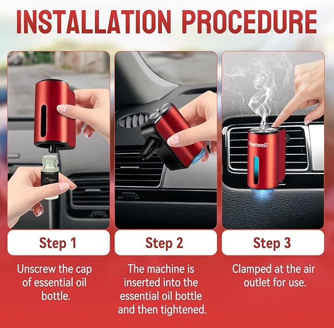Featwell Car Air Freshener, Three Adjustable Modes Intelligent Aroma Diffuser, Rechargeable Car Diffuser Air Freshener, Red