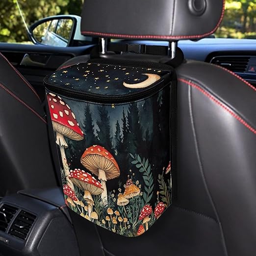 Mushroom Car Trash Can Auto Garbage Bag with Lid Leak-Proof Car Storage Bag Garbage Bag Hanging for Headrest Portable Vehicle Backseat Organizer