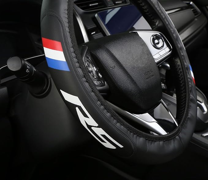 Black Leather Steering Wheel Cover,Elastic Breathable Design,Universal 14-15 Inch Compatible with Chevy RS Camaro Equinox Blazer Car Accessories
