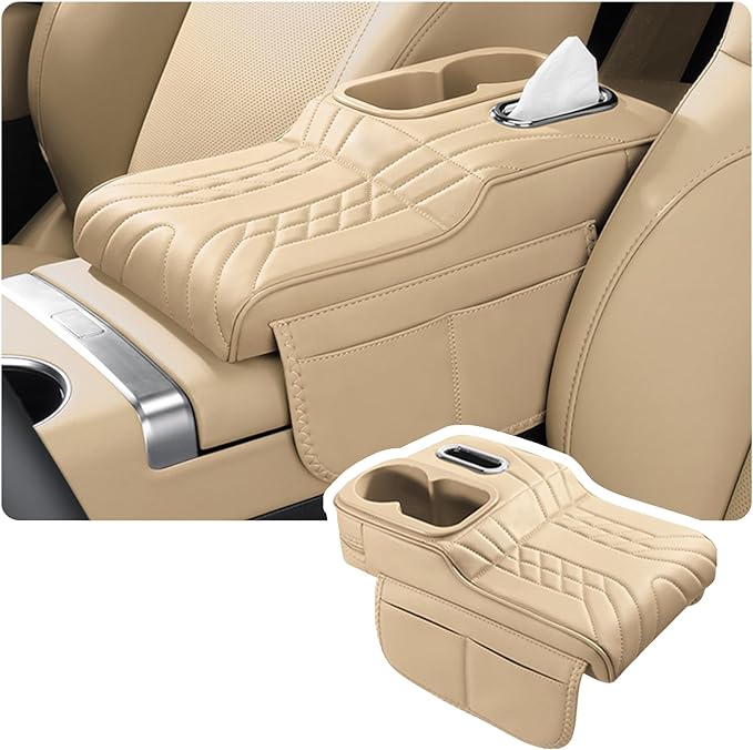 Car Armrest Storage Box for Cadillac XT4 2018–2025 2020 2021 2022 2023 2024, Sport-Style Center Console Organizer with Side Pocket, PU Leather Armrest Cushion, Elbow Support Pad,D Beige