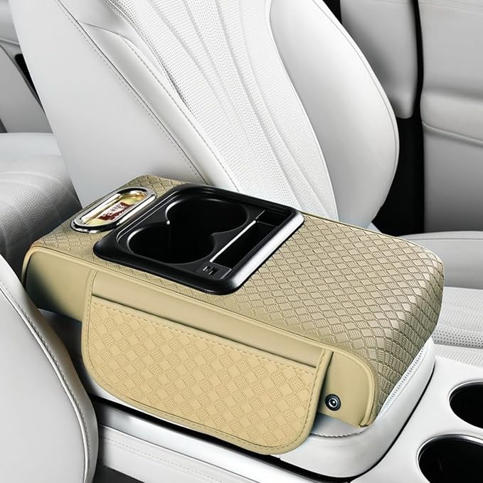 2026 Enhanced Car Center Console Armrest Cushion with USB& Type-C Charging, PU Leather Console Pad with Cup Holders, Storage& Tissue Outlet for Most Vehicles (Flat Version, Beige)