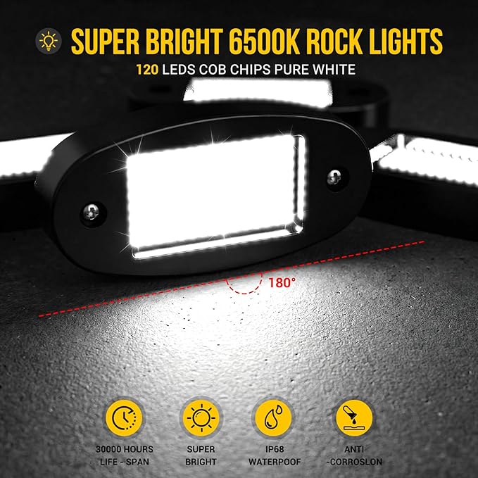 Hovano 8 Pods COB White Rock Lights, 120 COB Chips 6500K Pure White Super Bright Neon Underglow, IP68 Waterproof Shockproof Off-Road Light Kit for Pickup Trucks, SUV, UTV, ATV, RZR, Cars & Boats