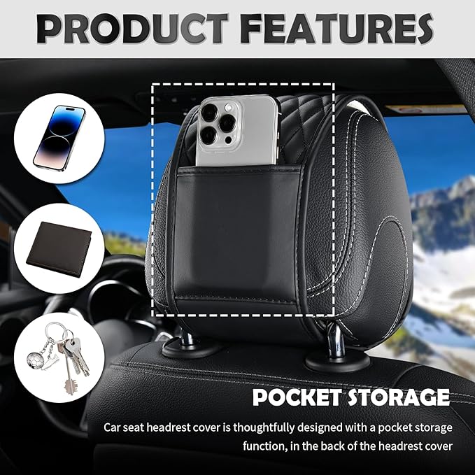 2PCS Leather Headrest Covers for Cars,Multi-Purpose Car Headrest Cover with Storage Bag,Stylish Head Rest Cover for Car as Back Seat Organizer with Diamond Check Pattern