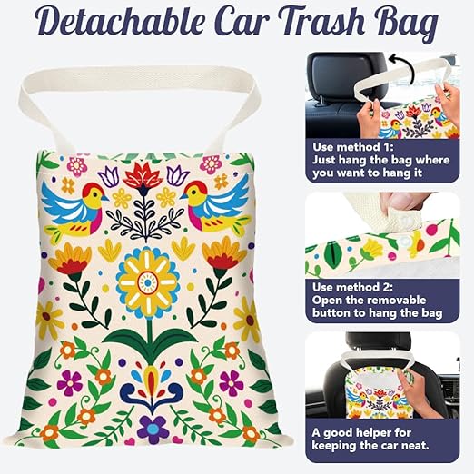 Abstract Birds Flowers Print Car Trash Bag Hanging Garbage Bag with Snap Buttons Car-Back Seat Trash Storage Portable Dustbin for Vehicle Interior Accessories Travelling Camping