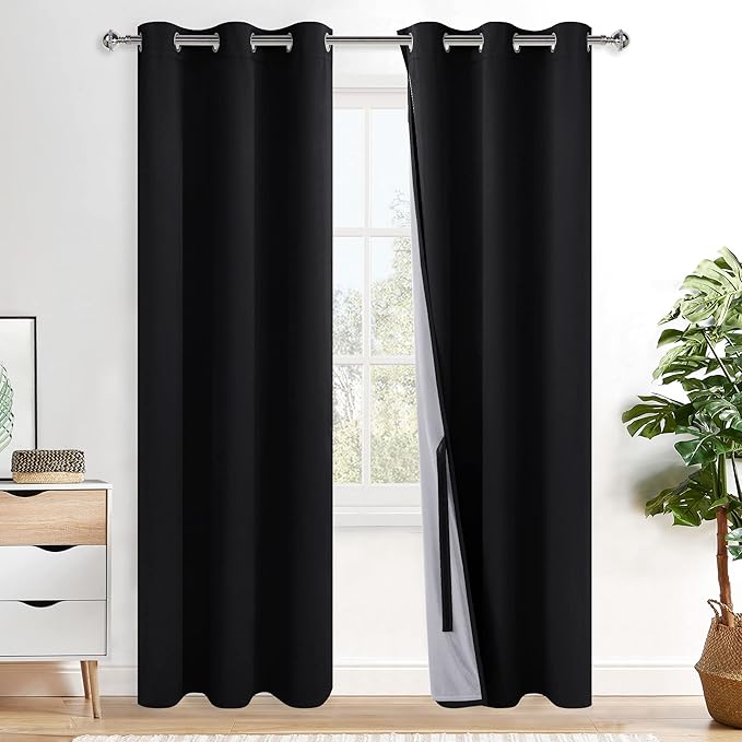 XWZO 100% Blackout Curtains 84 Inches Long with Tiebacks- Privacy Protection, Energy Efficiency Window Draperies Grommet Top with Black Liner for Bedroom/Living Room, Black, W42 x L84, Set of 2