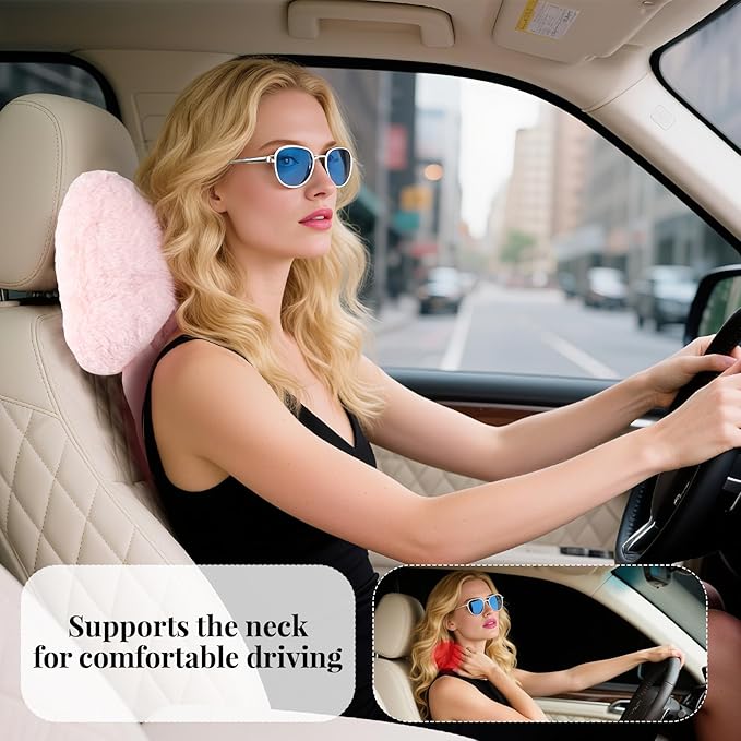 2 Pack Bow Car Headrest Pillows Plush Neck Pillows for Travel Driving Office Chair Head Support Cushions, Also Cute Car Decor Accessories for Women (Pink)
