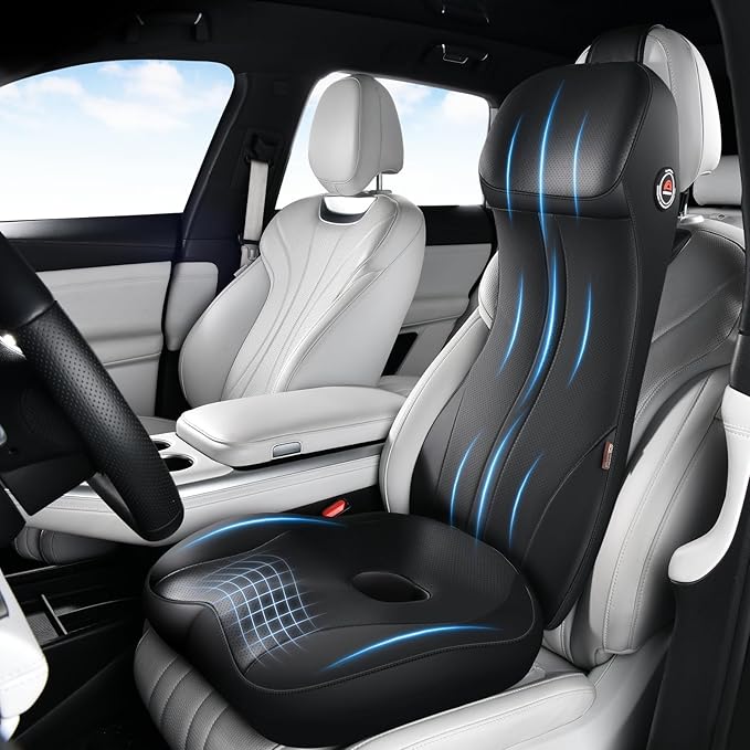 Coverado Car Seat Cushion and Lumbar Support Headrest Pillow One Piece, Ergonomic Memory Foam Car Neck Pillow & Back Support, Soft Leather Breathable Driving Seat Cushion Sciatica Pain Relief, Black