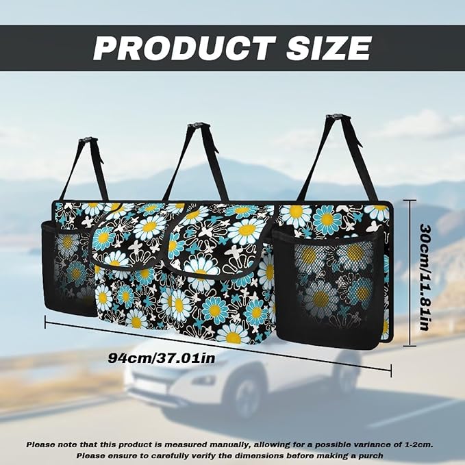 Cartoon Sunflower Print Car Trunk Organizer, Car Accessories Universal Detachable Foldable Car Back Seat Storage Bag with 4 Pockets for Most SUVs Sedans Trucks Vans
