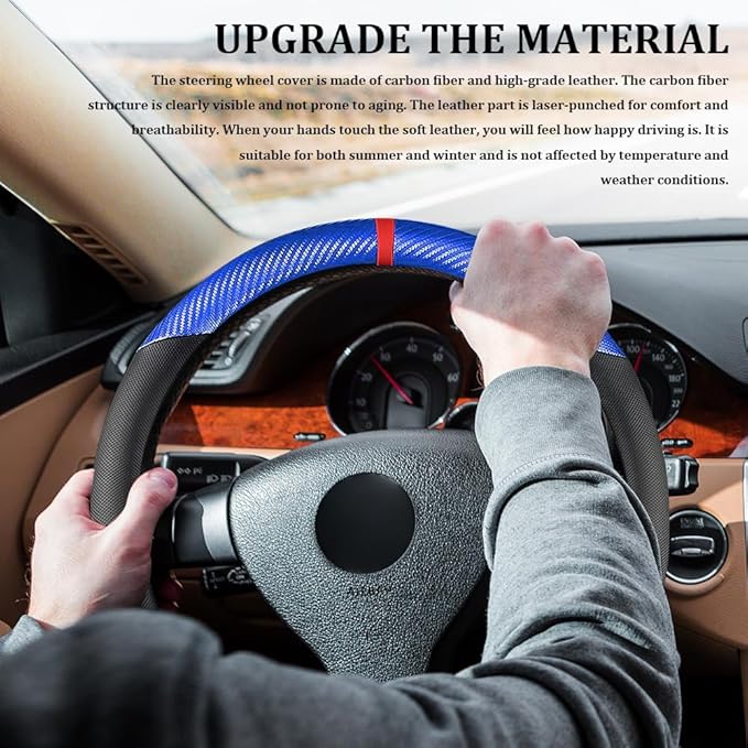 Car Steering Wheel Cover, Steering Wheel Accessories, 15 Inch Microfiber Leather Carbon Fiber Soft Anti-Slip Breathable, Car Accessories Elastic Non-Slip Cover for Most Vehicles (Blue)