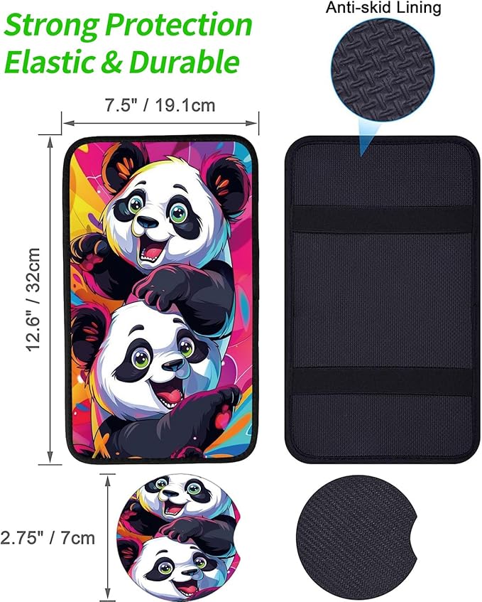 Car Armrest Cover Pads Universal Fashion Cute Auto Center Console Armrest Cover Pad with 2PCS Car Coasters Soft Waterproof Car Armrest Seat Protector for Women, Cute Panda Playing