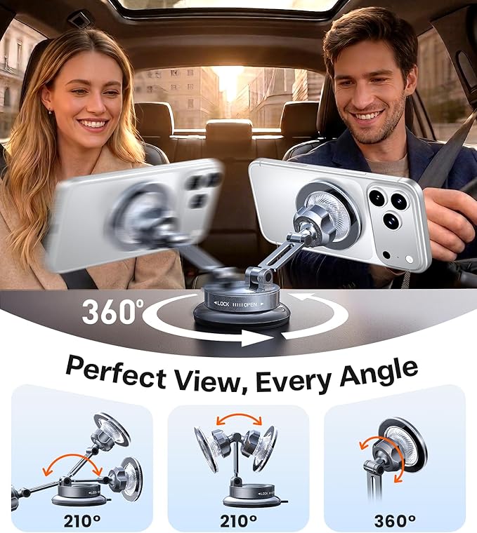TORRAS 2026 Upgraded Vacuum Car Phone Holder for MagSafe Car Mount [98+ LBS Strongest Suction | 24 N58 Magnets] 360° Adjustable Magnetic Phone Holders for Your Car, for iPhone 17-12 Pro Max Plus Air