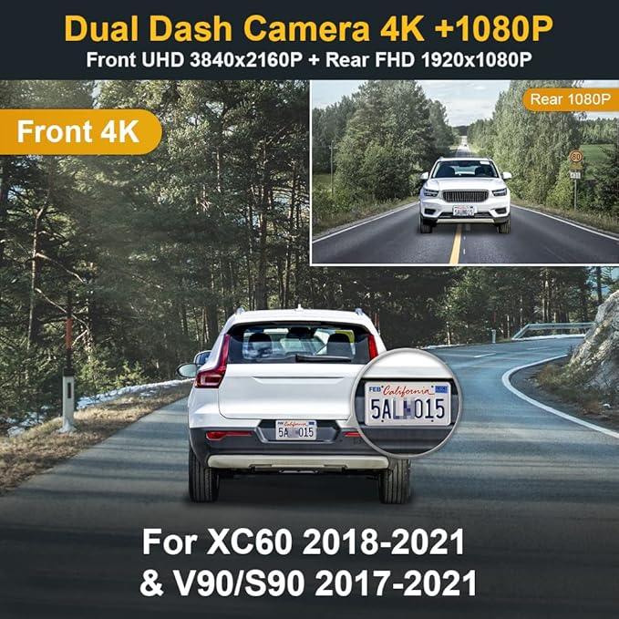 Fitcamx Front 4K+Rear 1080P Dash Cam for 2017-2021 Volvo S90 V90, 2018-2021 XC60 T5 T6 (Model A), Integrated OEM Look, Dual HD Video, Loop Recording, WiFi & APP, G-Sensor, Easy to Set, 128GB Card