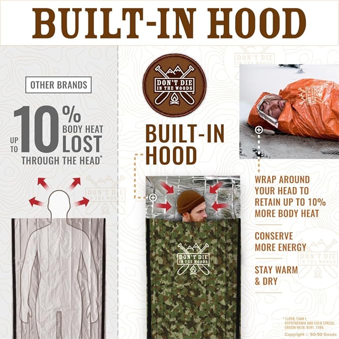 Don’t Die in The Woods - Emergency Sleeping Bag with Hood - Made with Extra Thick Thermal Mylar - 10 Essentials Hiking Camping Blanket, Survival Gear Tactical Car Disaster Bug Out First Aid Kits
