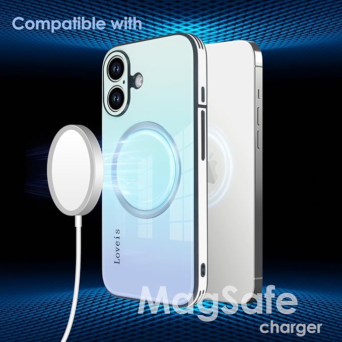 Guppy Compatible with iPhone 16 Case Magnetic, with Full Camera Lens Protector [Compatible with MagSafe] Scratch Resistant Gradient Glass Back Cover Phone Case-Blue