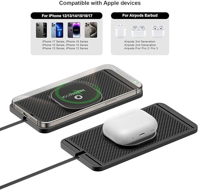 Magnetic Wireless Car Charger Pad, REESTECQI 15W Wireless Charging Pad for Magsafe Charger Wireless Charger for Car Non Slip Type C with 40W Car Charger for iPhone 17/16/15/14/13/12 (1M Cable)