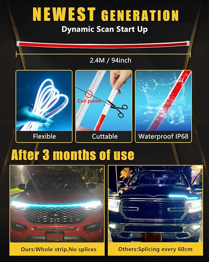 Sequential Turn Signal Light Strip Dynamic Scan Start Up Led Hood Lights Flexible DRL Daytime Running Light for Car,Truck,SUV,Dual Color Ice Blue Amber Flowing Switchback 12V 94inch/240CM (1Set)