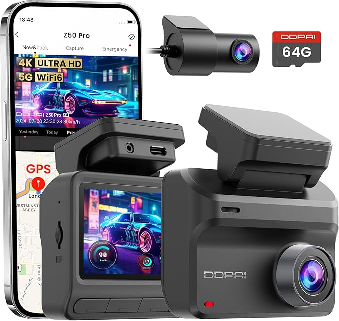 DDPAI Dash Cam Front and Rear, 4K+1080P Car On-Dash Mounted Cameras, Dashcam Included 64GB Card, Built-in 5G WiFi 6, GPS, 3'' IPS, AI ISP Night Vision, 48H Parking Mode, Loop Recording, ADAS, Z50 Pro