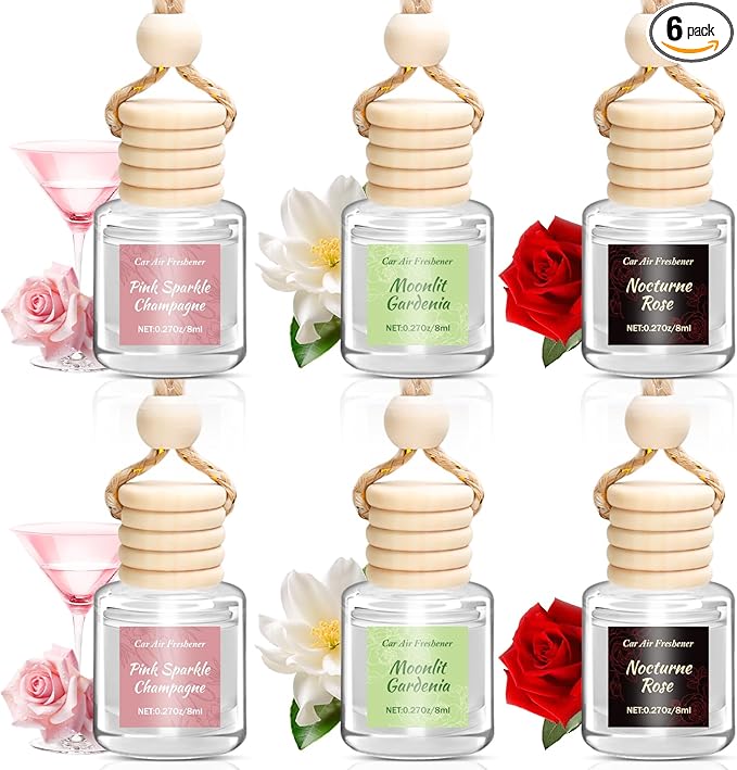6 Pack Car Air Freshener, Long Lasting Natural Essential Oil Fragrance Diffuser - Pink Sparkle Champagne, Moonlit Gardenia & Nocturne Rose, Hanging Female Perfume Car Accessories Decor Gift