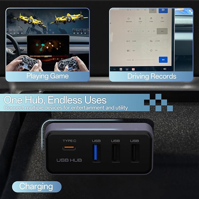 USB Hub for Tesla Model Y Juniper 2025 2026 Model 3 Highland 2024 2025, Glove Box USB 3.0 Expander with 1 USB C & 3 USB A Port Docking Station for Dashcam Flash Drive Data Transfer Game Music