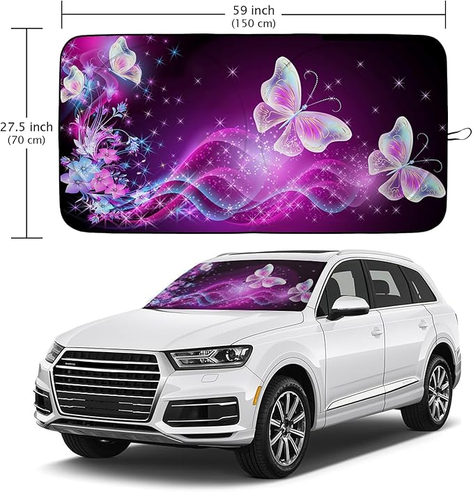Purple Butterfly Car Windshield Sun Shade Foldable Sunshade Front Window Cover Sun Visor Protector Accessories (59x27.5 inches)